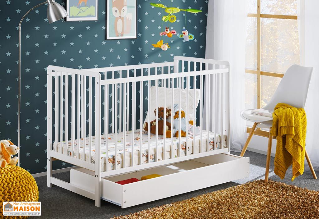 Lit Bebe En Bois Avec Matelas Et Tiroir Cypi 65 X 124 Cm Blanc Asm