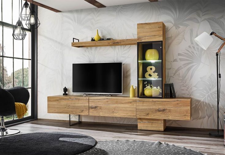 Meubles de salon en bois et métal : 1 meuble TV, 1 vitrine et 1 étagère murale