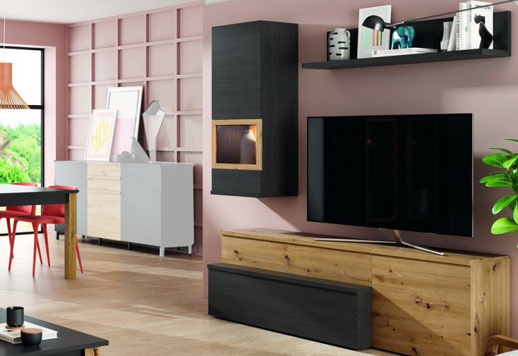 Meubles de salon en bois : 1 meuble TV, 1 caisson bas, 1 vitrine