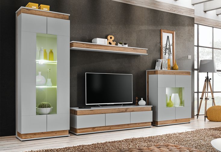 Meubles de salon en bois : 2 vitrines, 1 meuble TV et 1 étagère