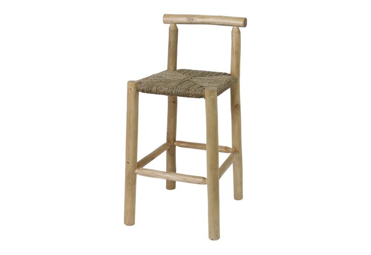 Tabouret haut en bois tropical et fibre tressée – 45 x 49 x 102 cm