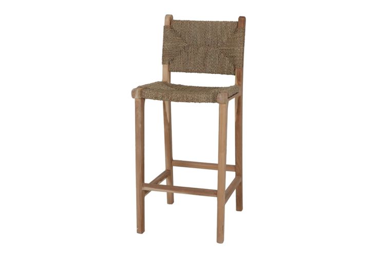 Tabouret haut en teck massif et fibre tressée – 46 x 52 x 107 cm