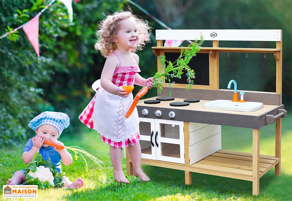 Cuisine en bois pour enfants avec accessoires et tablier en bois pour enfant  - Couleur Garden